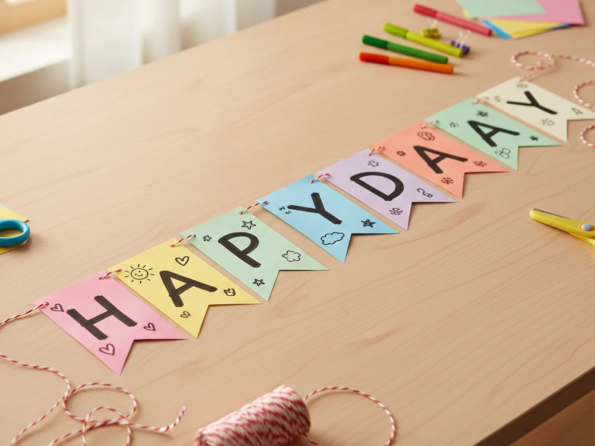 A finished paper craft banner laid flat on a craft table with the colorful triangle flags spaced evenly along the baker's twine, ready to be hung