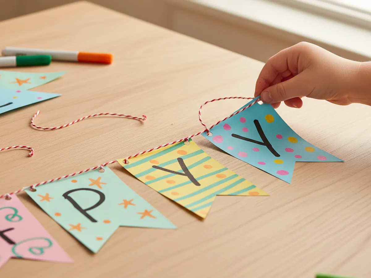 A child's hand threading baker's twine through the punched holes of a decorated triangle flag, with several other flags already threaded along the string