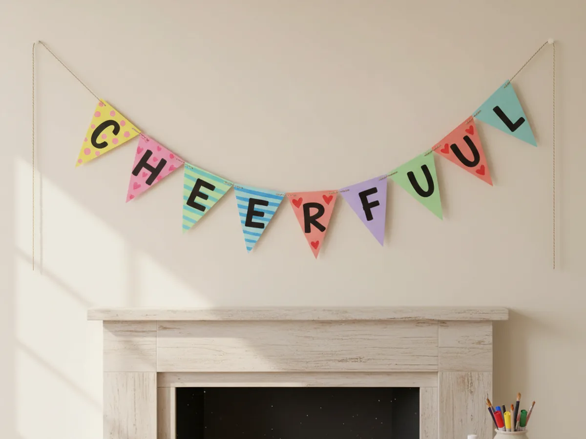 Finished paper craft banner with colorful triangle flags spelling a cheerful message, strung on baker's twine and draped along a light wall