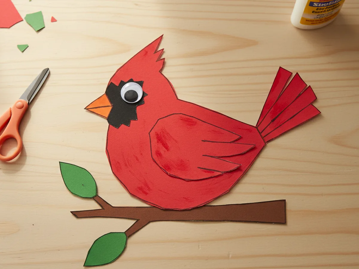 A handmade red construction paper cardinal bird glued on a brown paper branch with green leaves