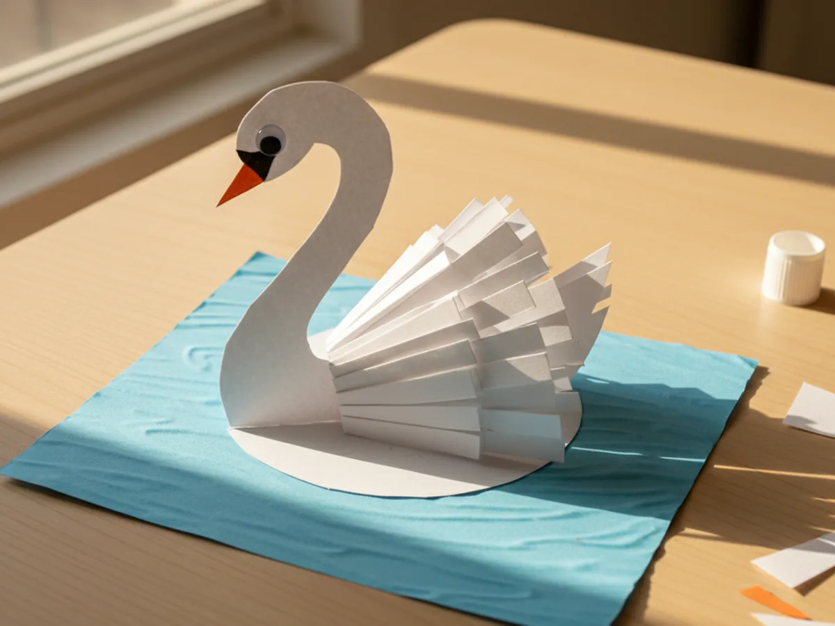 A handmade white paper swan with curved neck on a blue paper background that suggests water