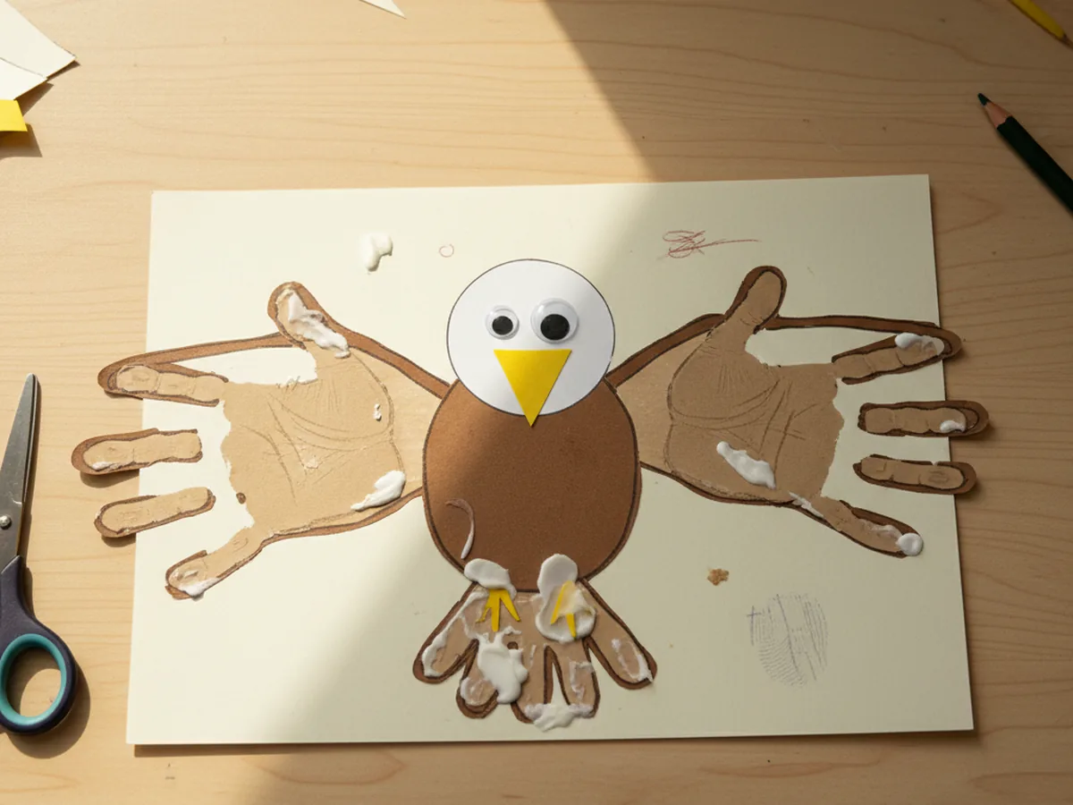 A handmade handprint paper eagle with brown handprint wings and a white head with yellow beak