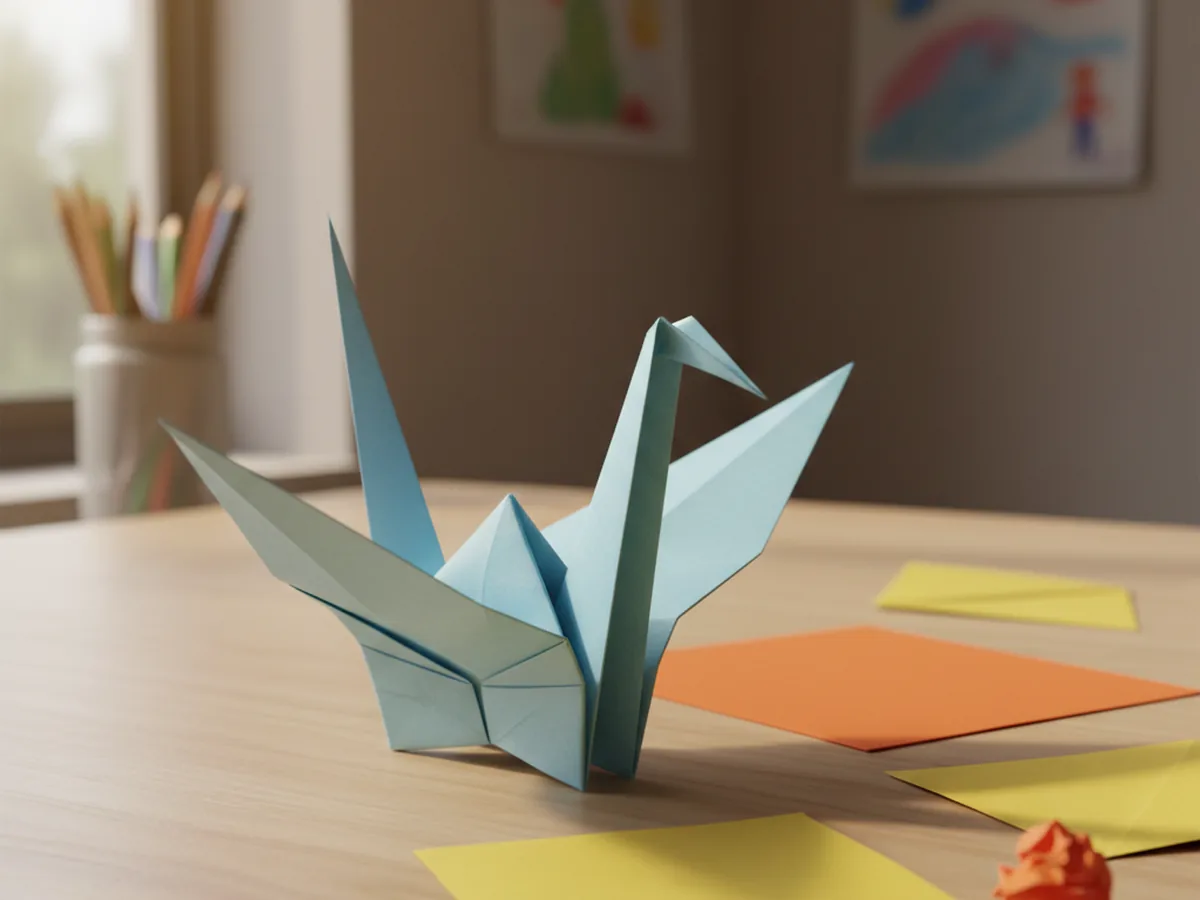 A handmade origami paper crane folded from light blue paper standing on a wooden craft table