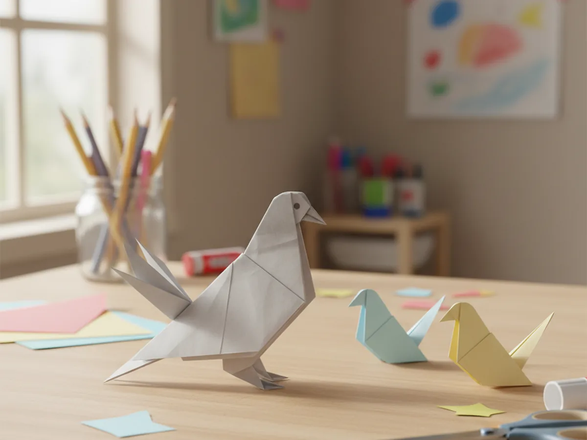 A handmade simple origami pigeon folded from grey paper on a wooden craft table with two more folded birds
