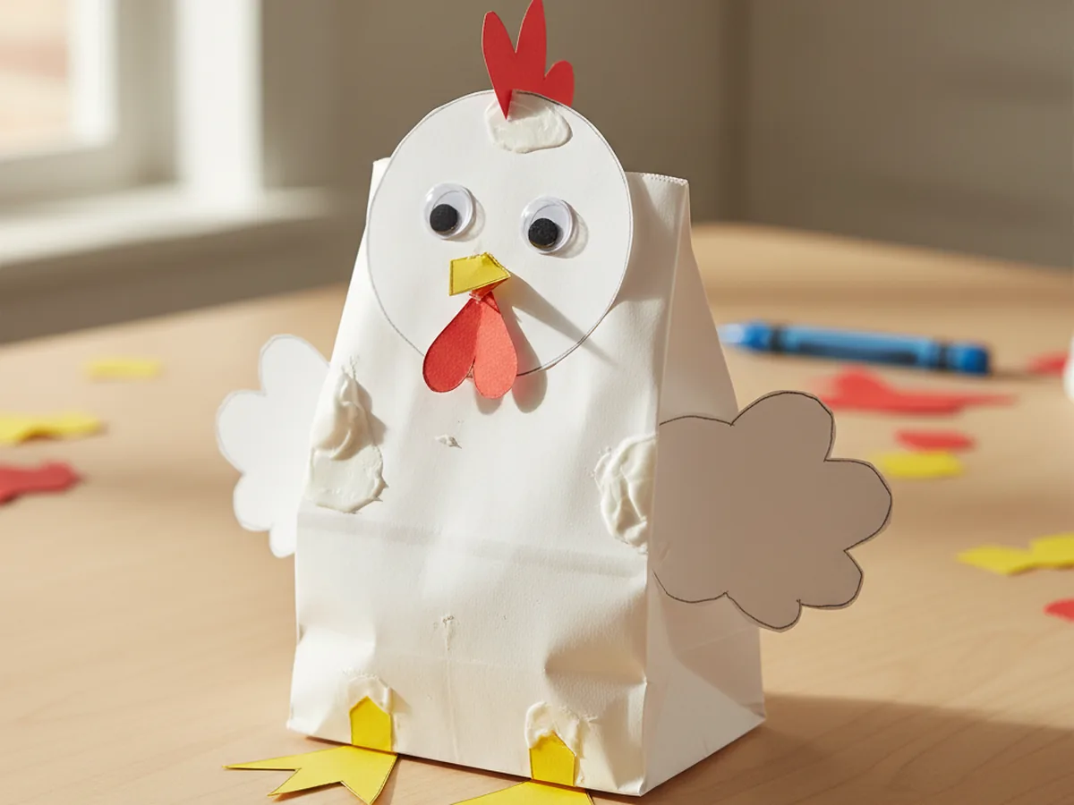 A handmade paper bag chicken with red comb yellow beak and white wings on a craft table