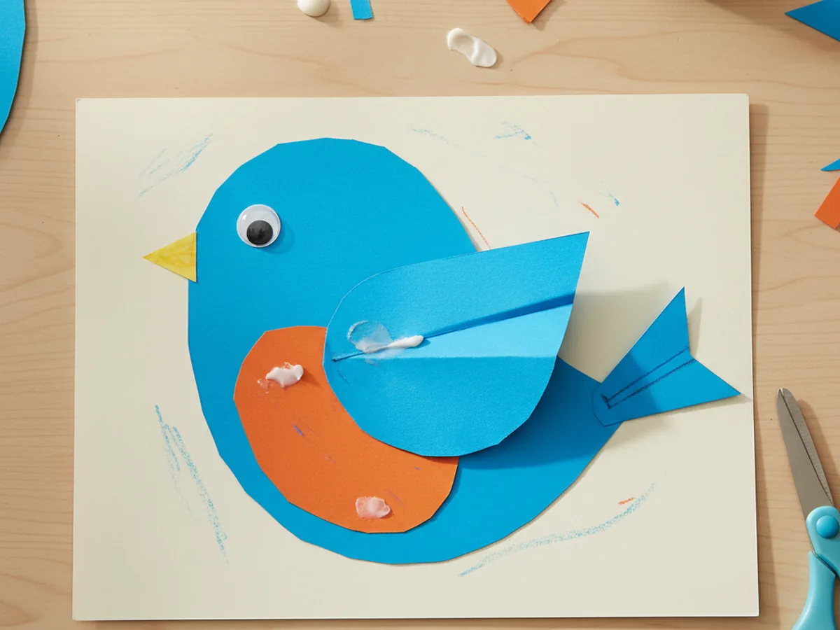 A handmade bright blue paper bluebird with orange chest patch glued on a cardstock background