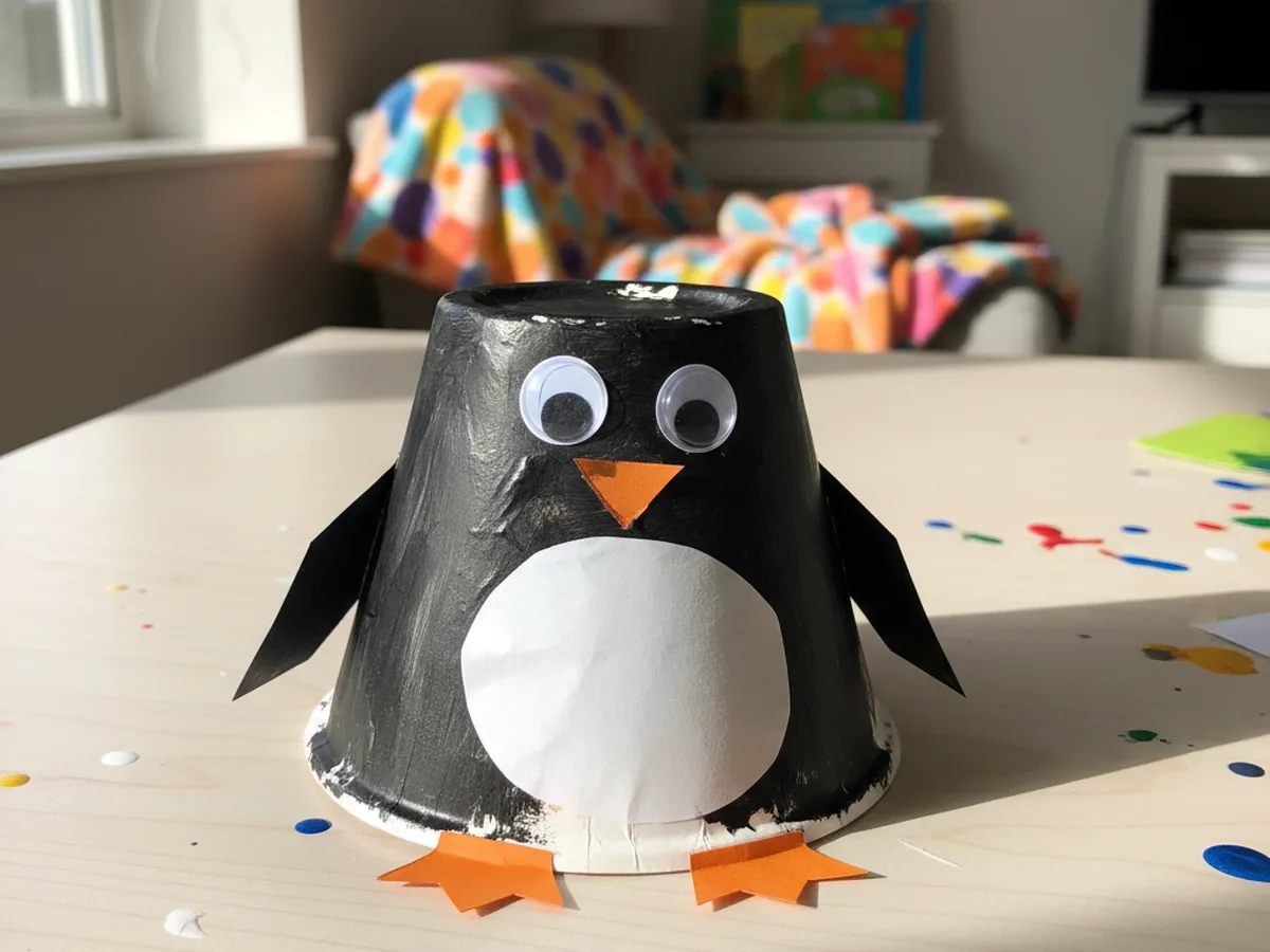A handmade paper bowl penguin with black back, white belly, and orange beak and feet