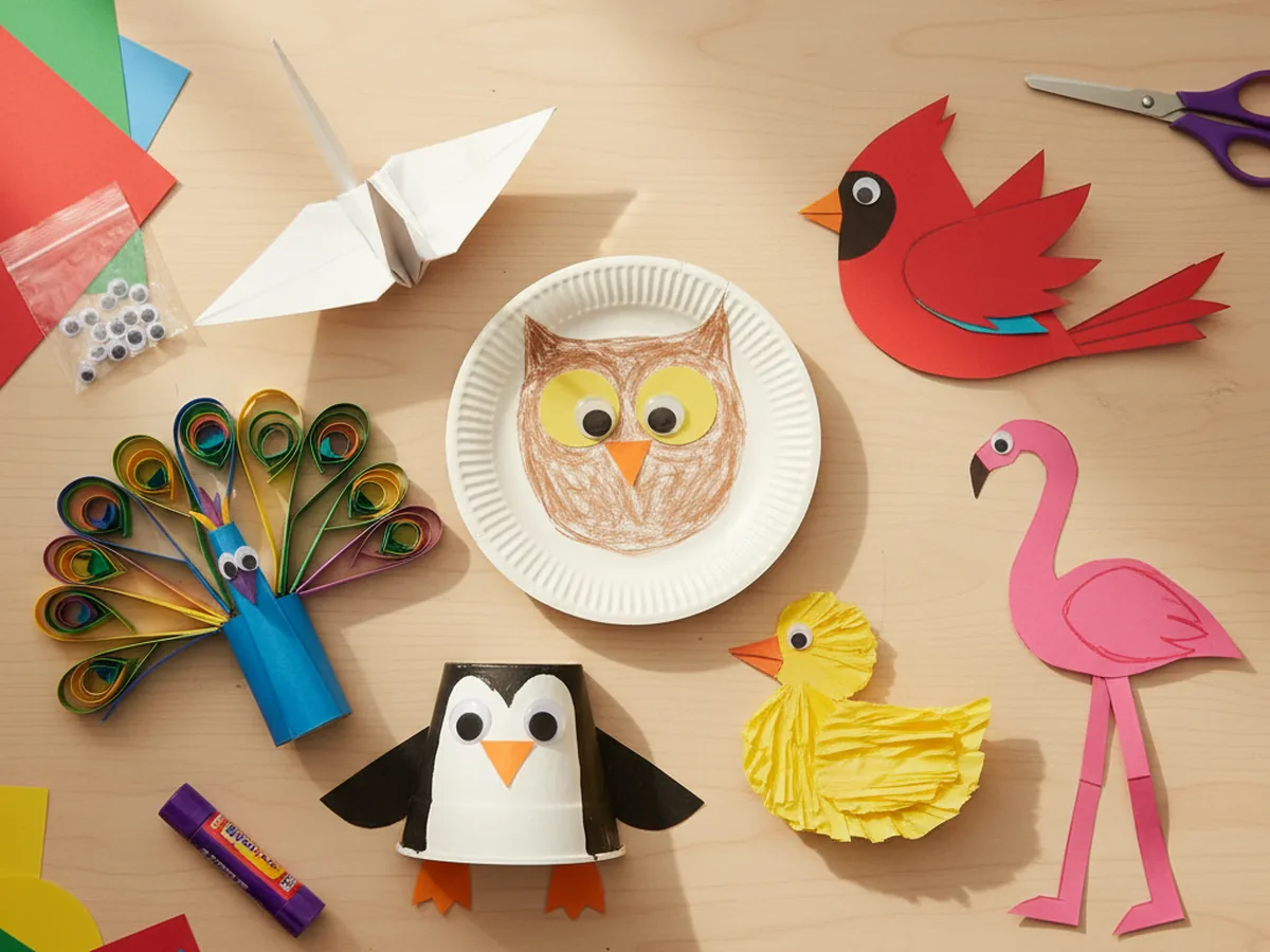 A bright spread of paper craft birds including an owl, cardinal, penguin, peacock and flamingo on a craft table