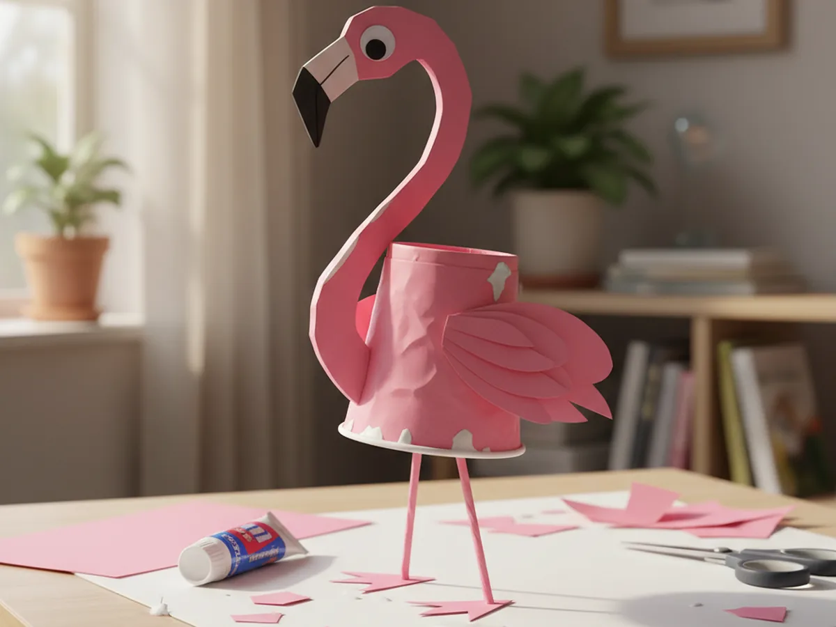 A handmade paper cup flamingo with pink curved neck and thin paper legs standing on a craft table