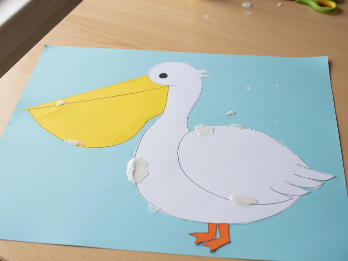 A handmade paper pelican with a large yellow beak and pouch on a light blue paper background