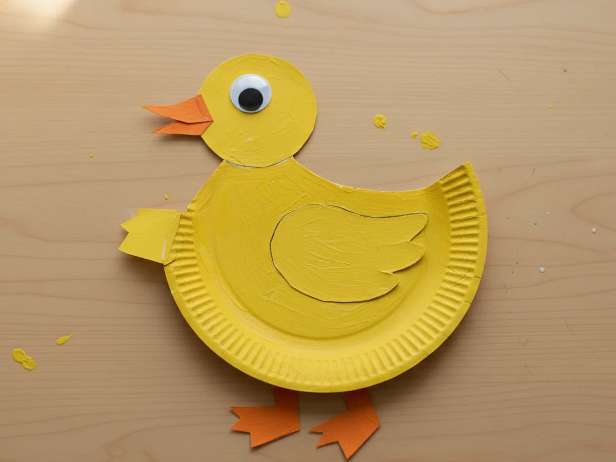 A handmade paper plate duck painted yellow with orange beak and webbed feet on a craft table