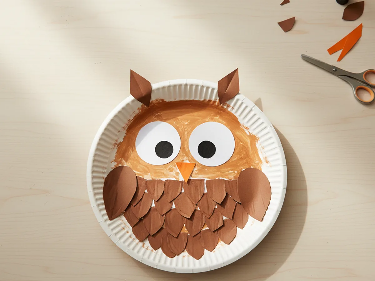 A handmade paper plate owl with big white eyes and pointed ear tufts on a craft table