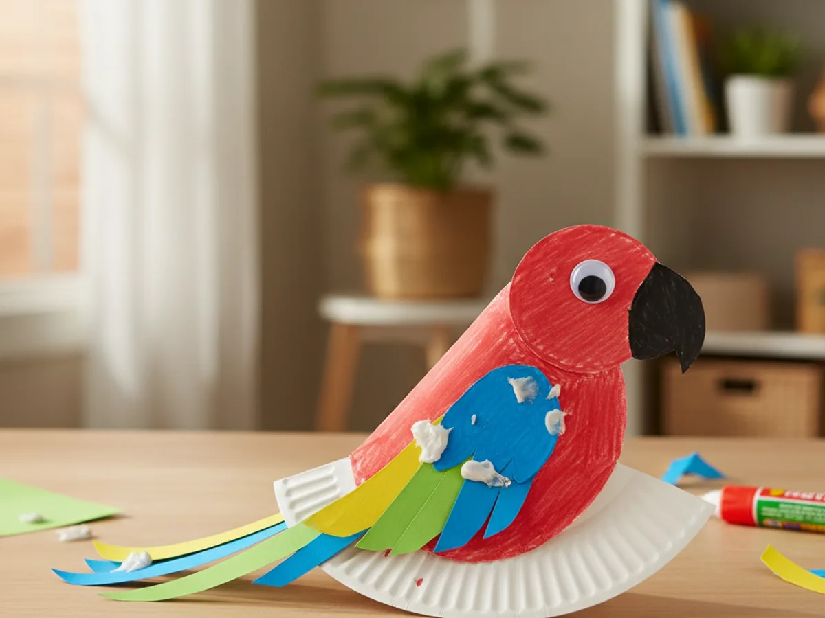A handmade paper plate parrot with red yellow blue and green paper feathers on a craft table