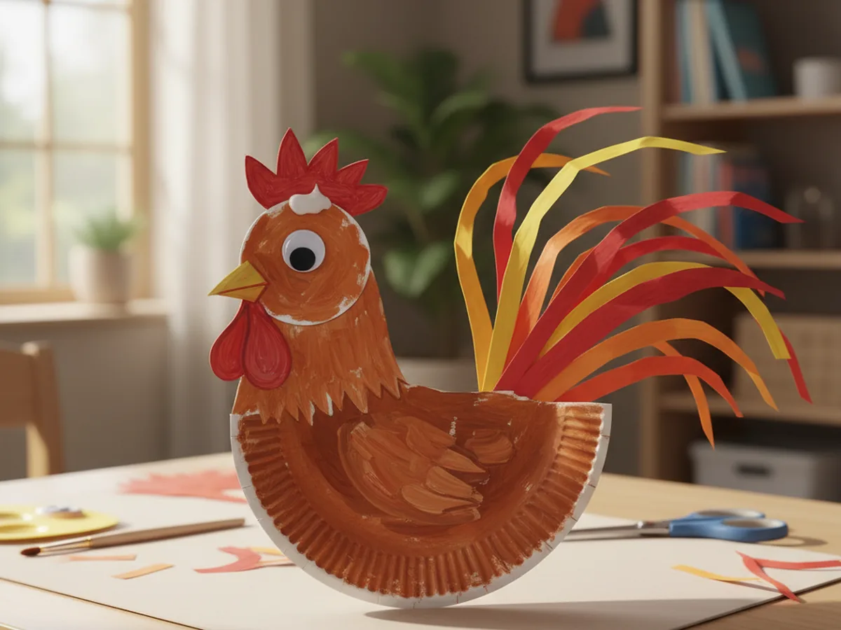 A handmade paper plate rooster with red comb and a fan of red orange and yellow paper tail feathers