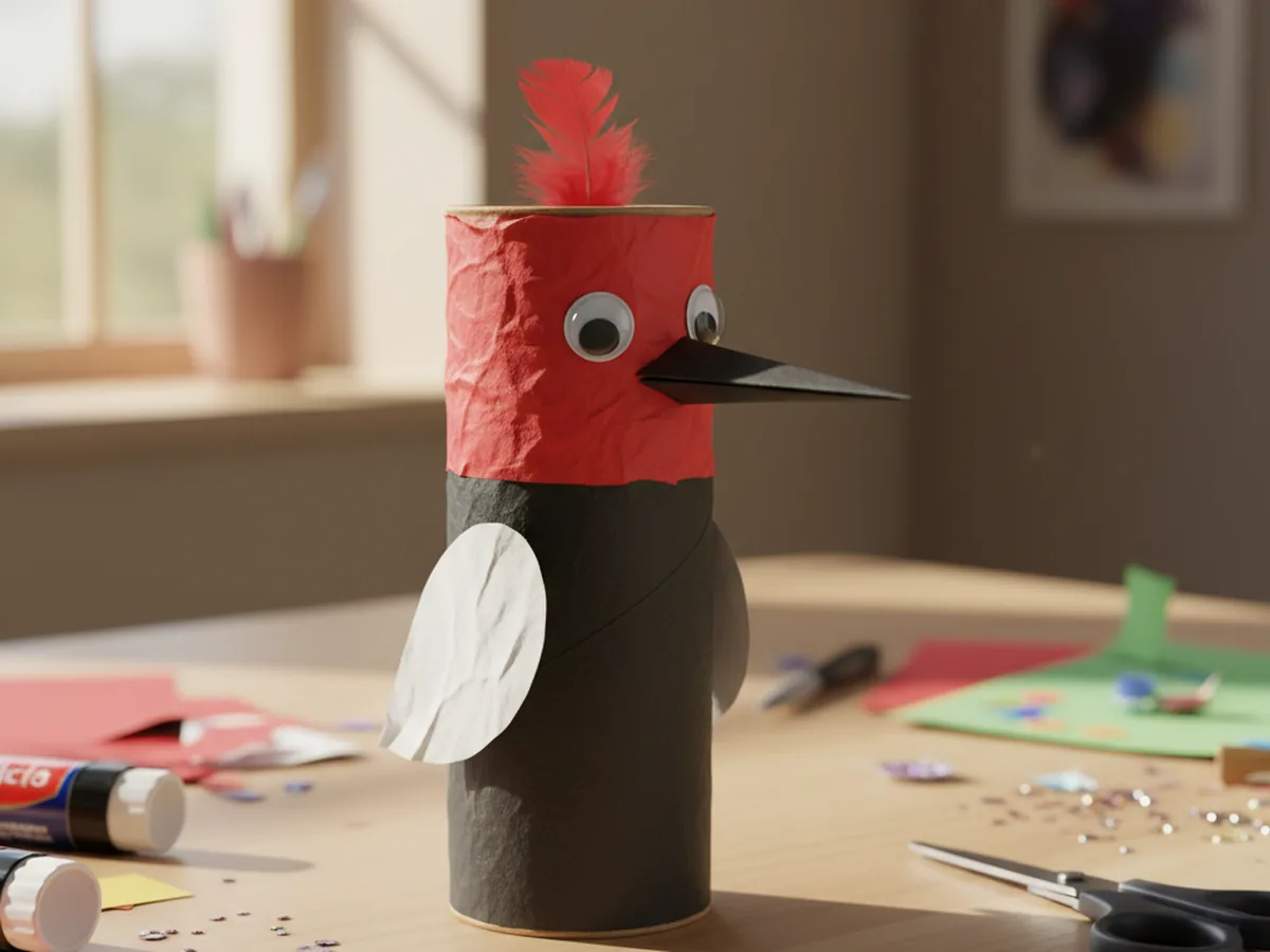 A handmade paper roll woodpecker with red head and black body standing on a wooden craft table