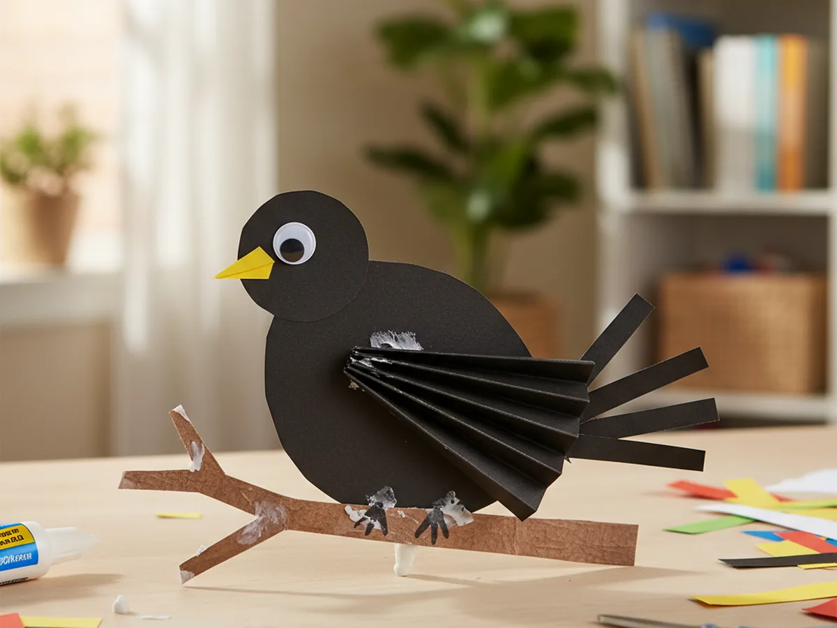A handmade black paper crow with paper strip tail feathers glued on a brown paper branch