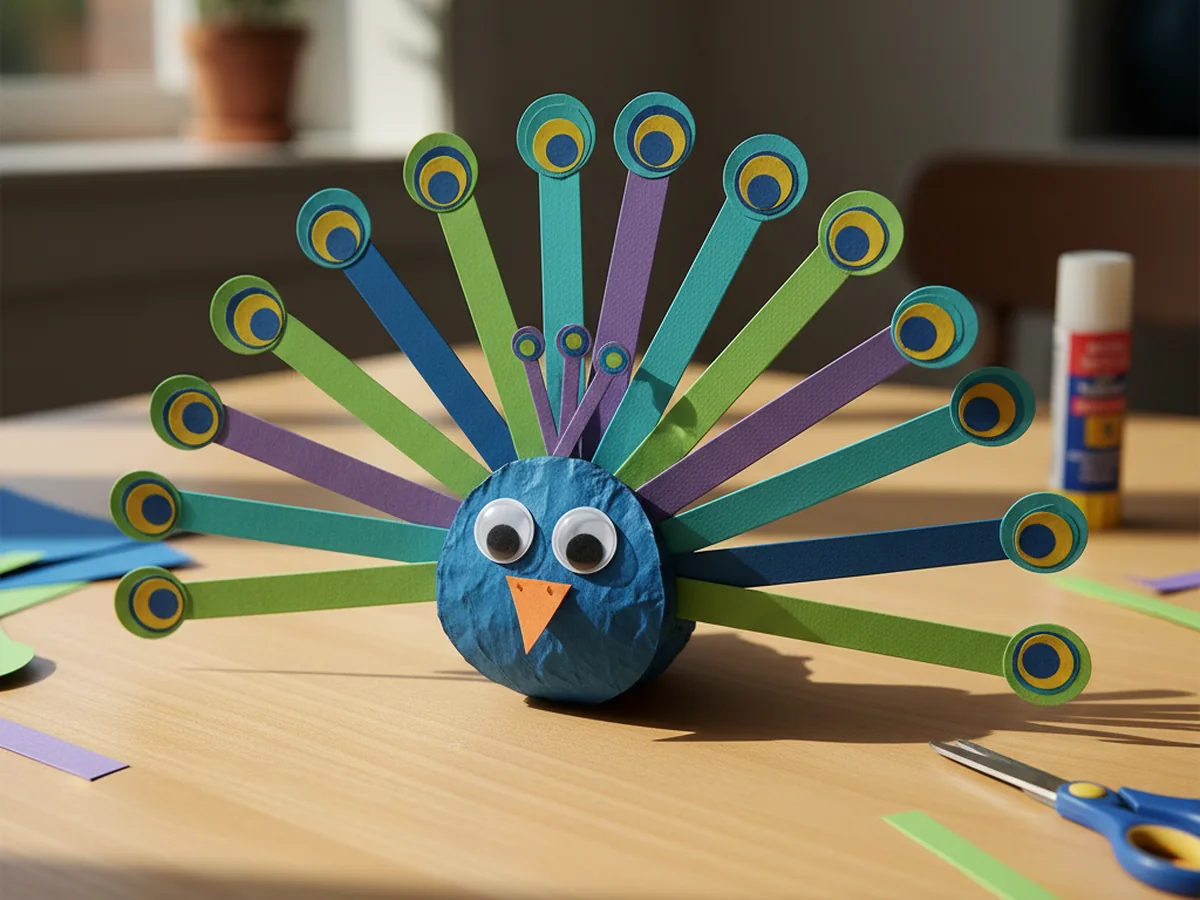 A handmade paper peacock with blue green and purple paper strip tail feathers fanned out