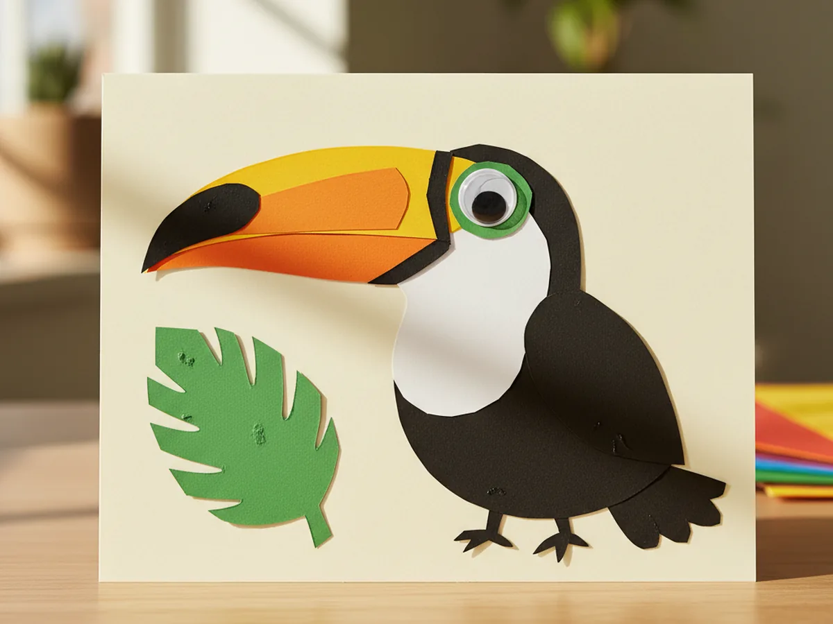 A handmade paper toucan with a large orange and yellow curved beak on a cardstock background