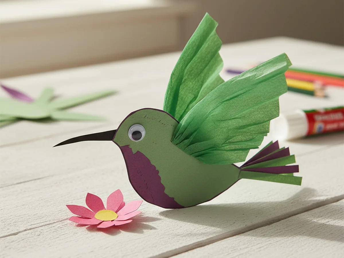 A handmade tissue paper hummingbird with crinkled green wings near a small pink paper flower