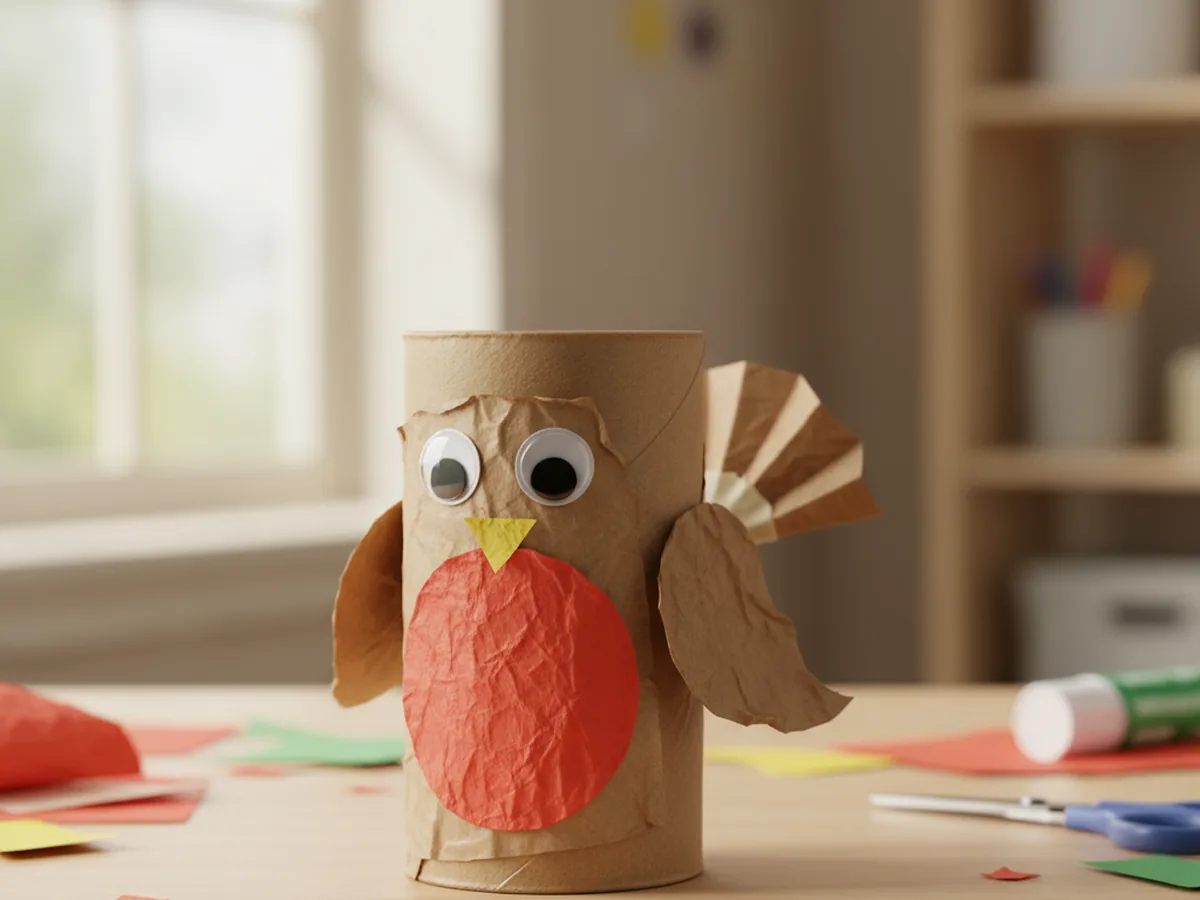 A handmade toilet paper roll robin bird with brown body and orange breast standing on a craft table