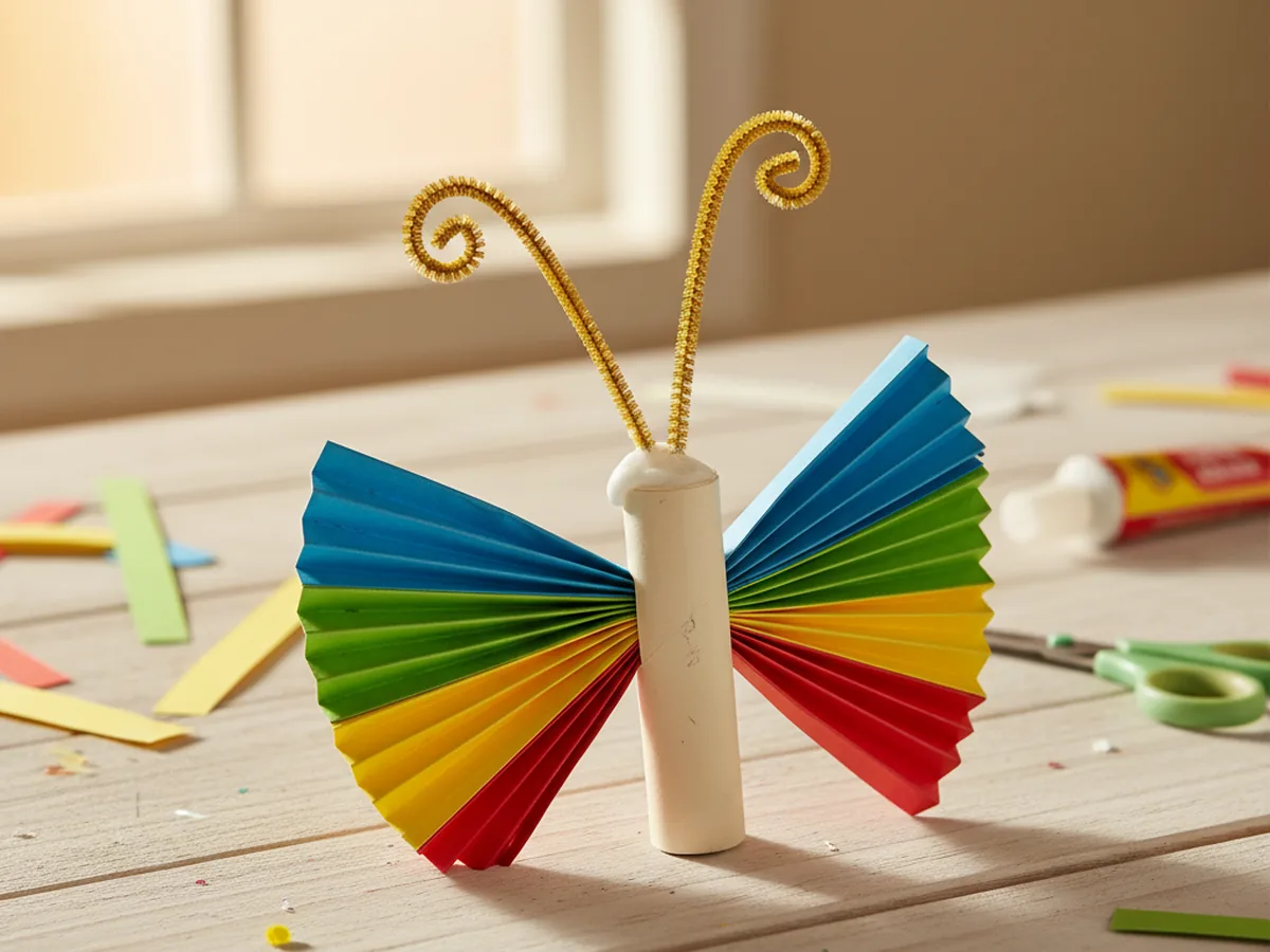 Curled pipe cleaner antennae being attached to the top of the paper butterfly body