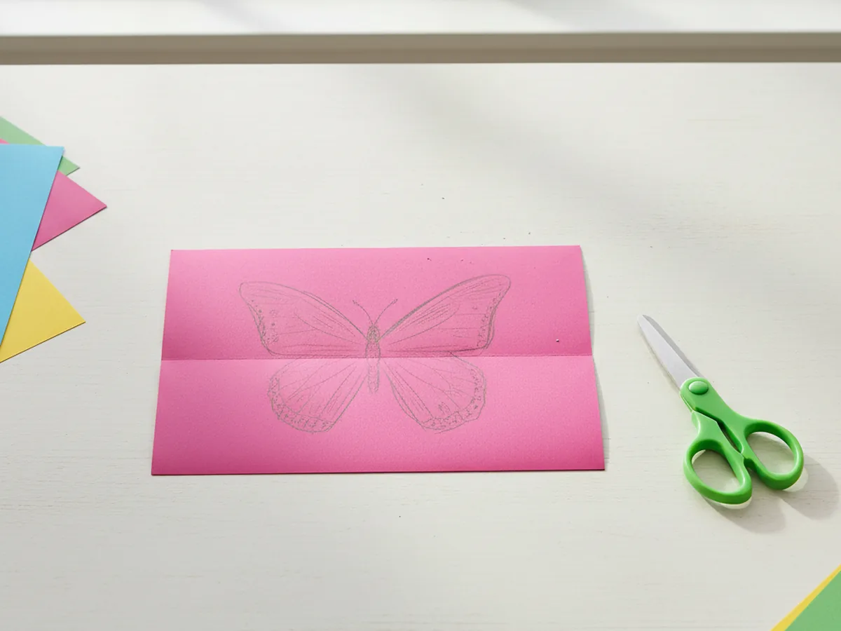Folded construction paper with a wing shape drawn on it, ready to be cut for a paper craft butterfly