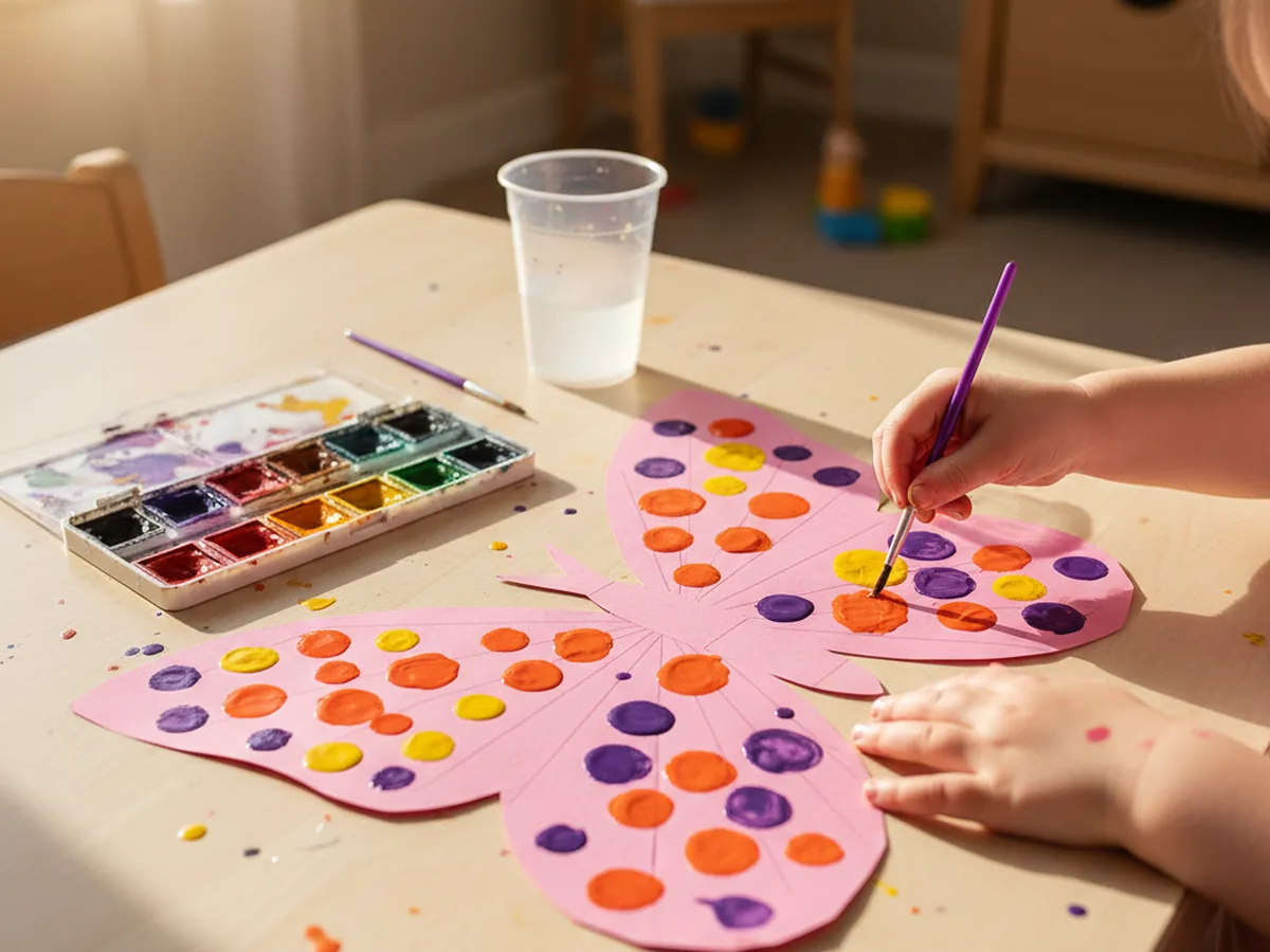 A child painting colorful patterns on paper butterfly wings with watercolors