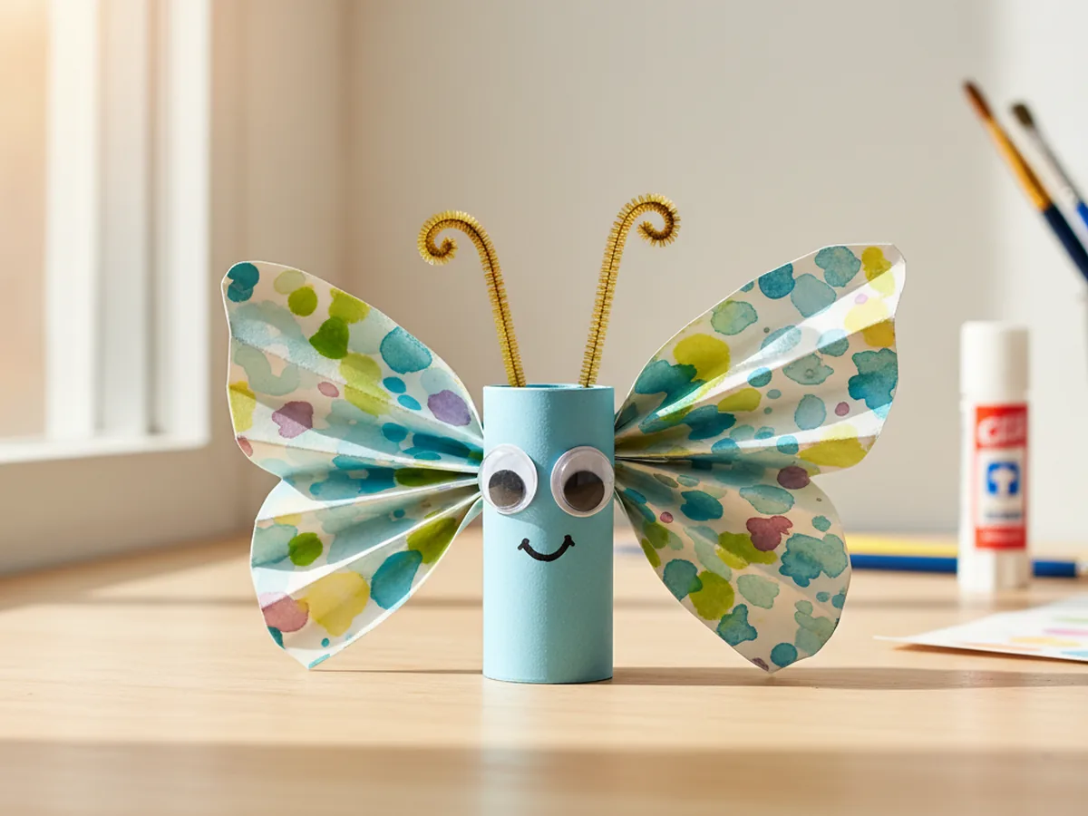 Finished colorful paper craft butterfly with googly eyes and curled pipe cleaner antennae