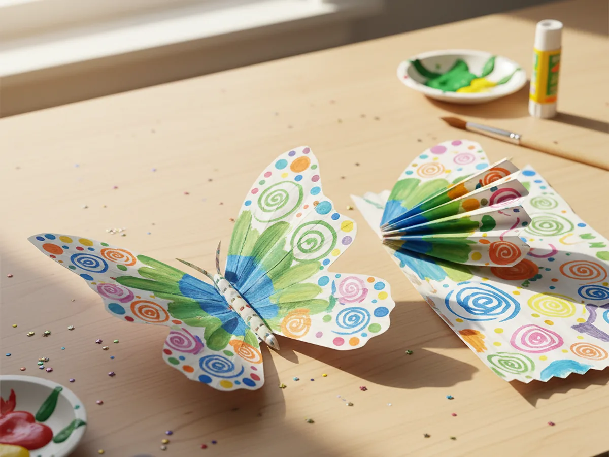 Decorated paper butterfly wings folded in a tight accordion pattern on a craft table