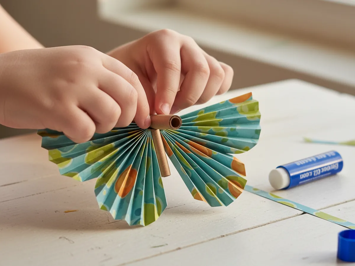 A rolled paper tube body being attached to accordion-folded butterfly wings on a craft table