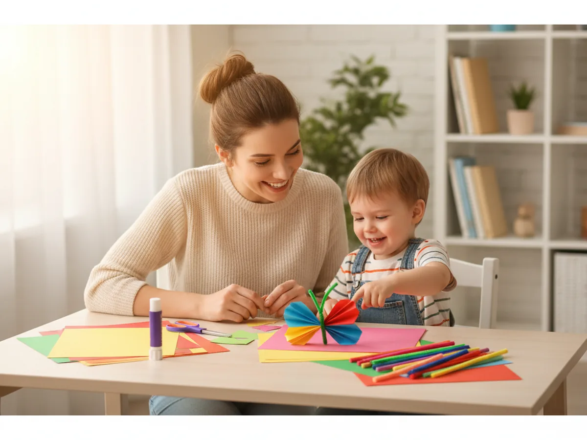 A mom and young child sitting together at a craft table, excited to make a paper craft butterfly