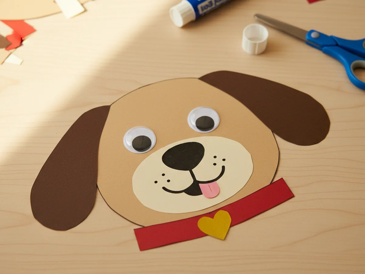 Finished paper craft dog with a bright red collar and a gold heart-shaped name tag glued at the bottom of the tan oval head on a craft table