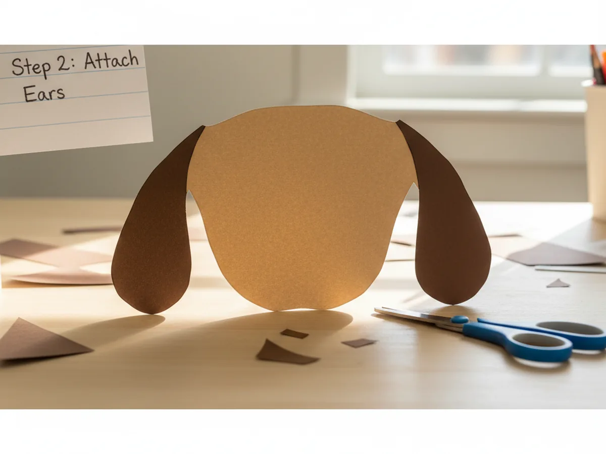 Two dark brown teardrop-shaped construction paper ears cut out and placed next to a tan cardstock oval head on a craft table