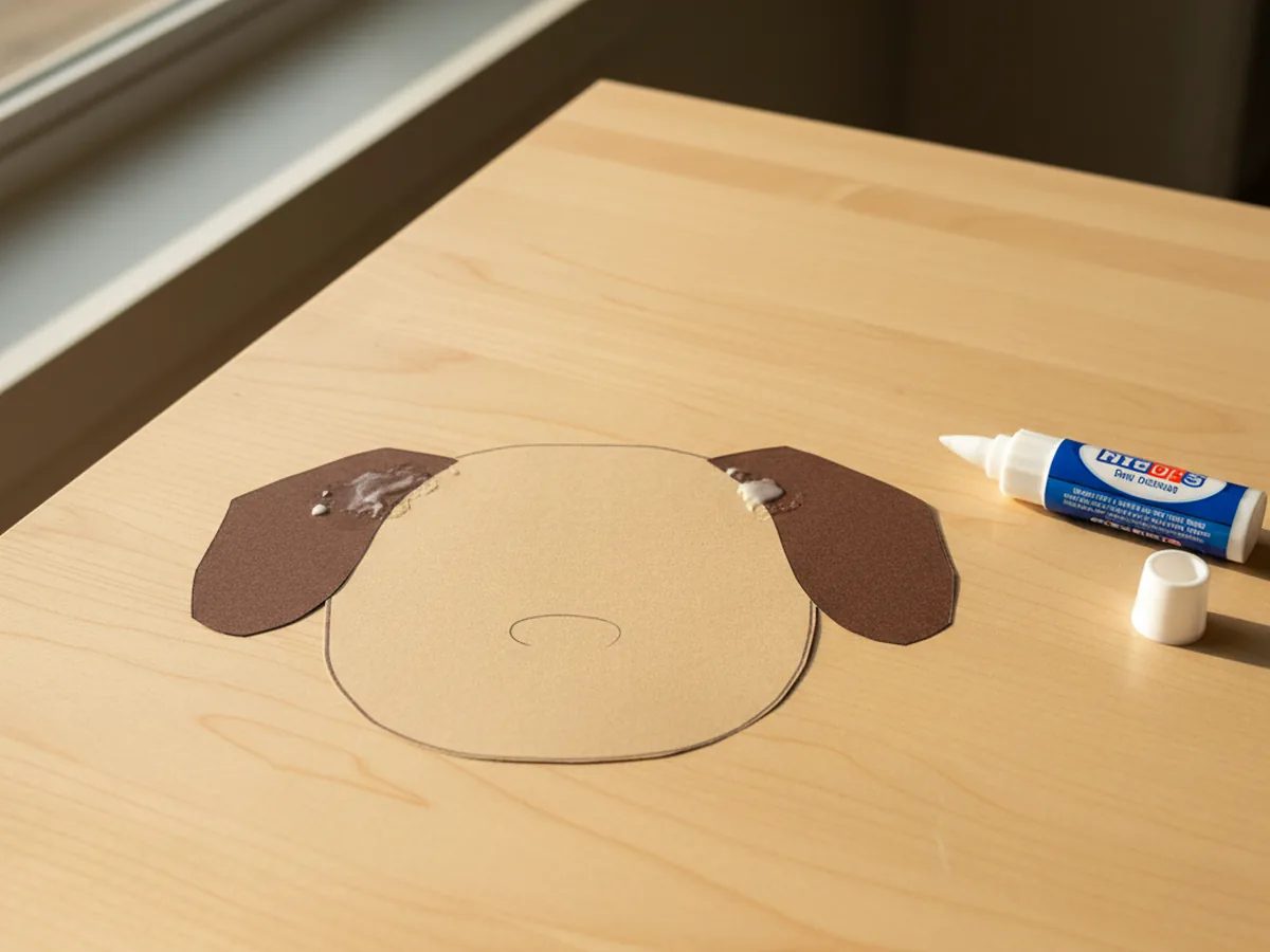 A tan cardstock dog head with two dark brown floppy ears glued to the top sides, hanging down naturally, on a craft table