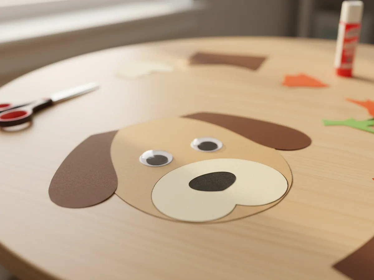 A paper craft dog face with two round googly eyes stuck above the cream snout and tiny black nose, bringing the puppy expression to life