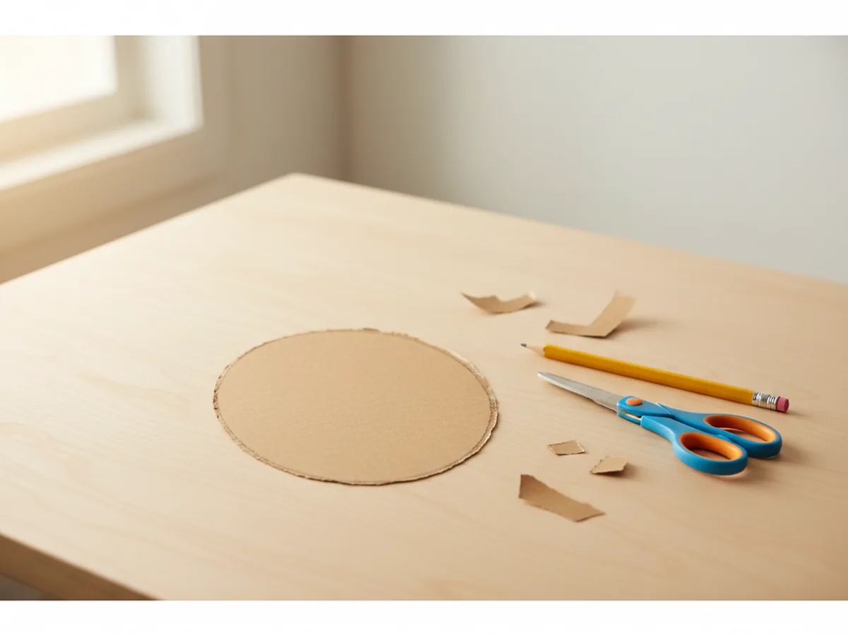 A large tan cardstock oval cut out and lying on a light wood craft table next to a pencil and blunt-tip scissors ready for the paper craft dog
