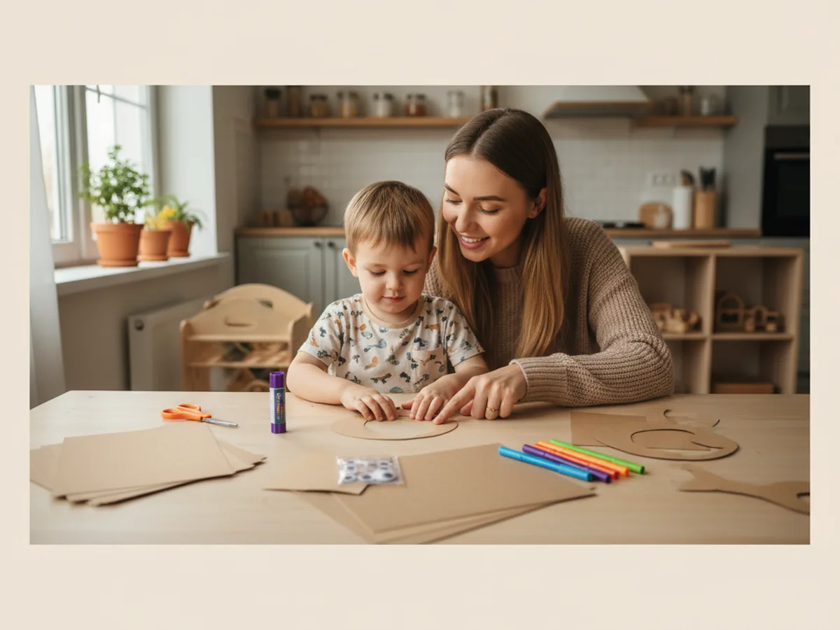 A mom and young child sitting at a craft table with brown cardstock, googly eyes, scissors, and glue ready to make a paper craft dog together