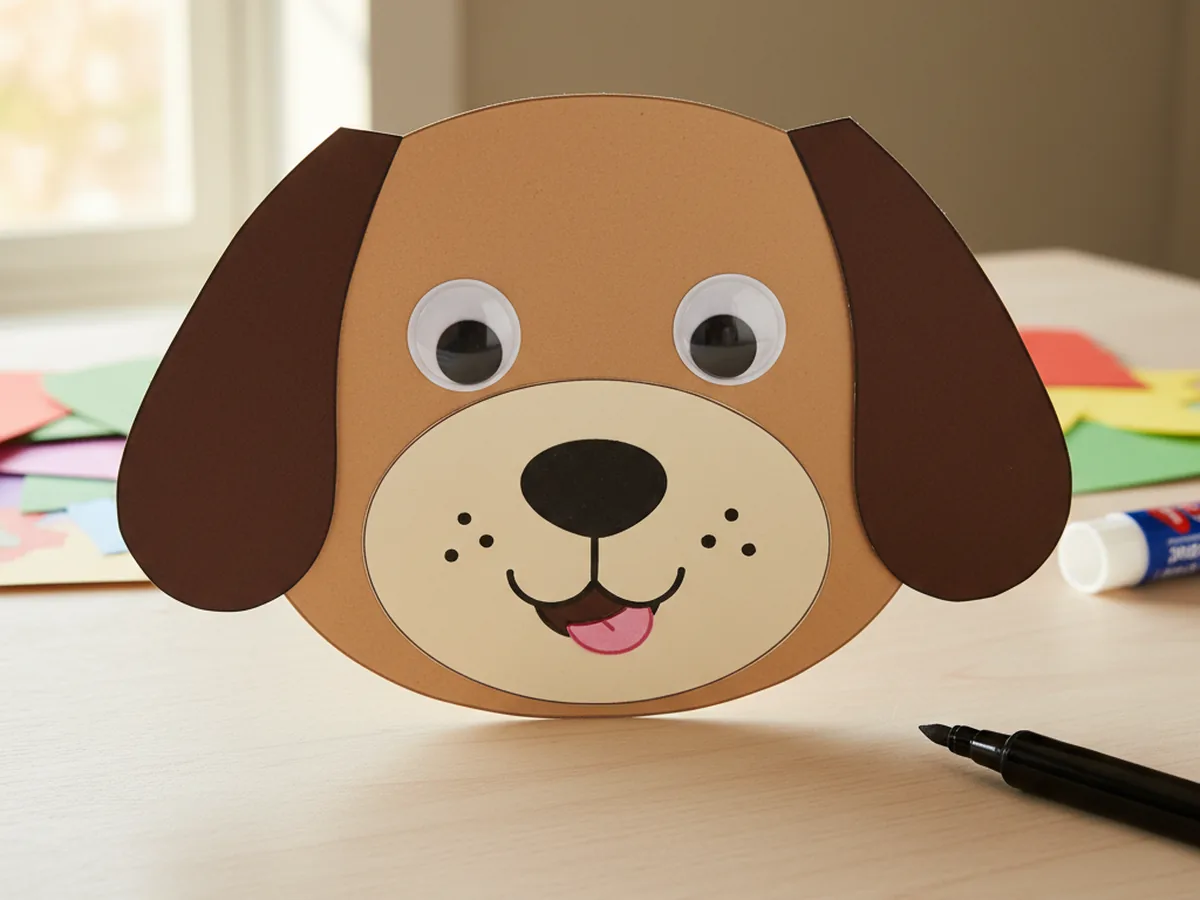 Paper craft dog with a drawn smiling mouth, a small pink tongue, and tiny whisker dots added with a black fine-tip marker
