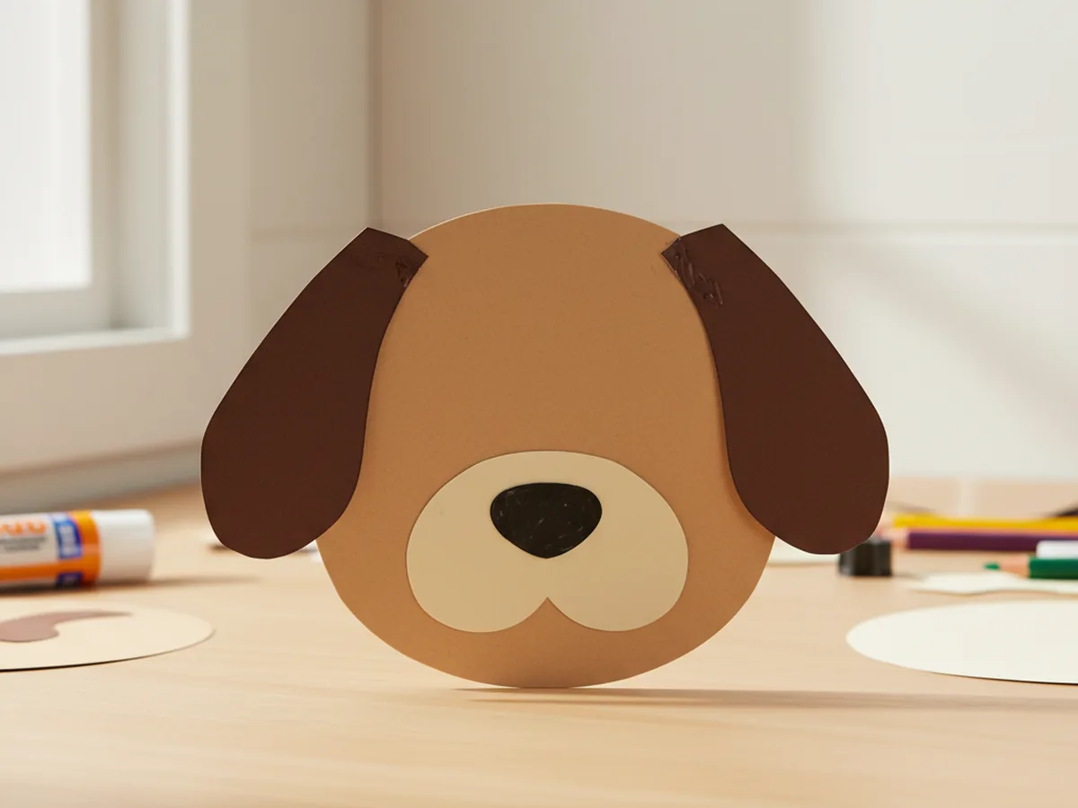 The paper craft dog head with a cream oval snout and a small black paper nose glued onto the lower center of the face