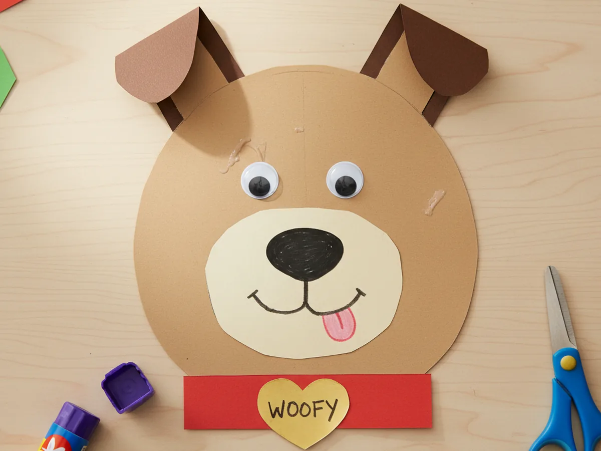 Finished handmade paper craft dog with floppy brown ears, googly eyes, and a small collar sitting on a light wood craft table