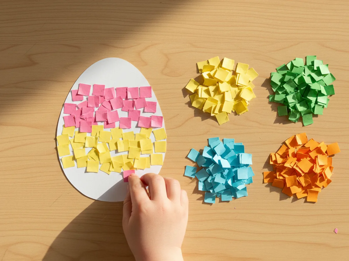 A child's hand arranging colorful paper squares on a white paper egg shape in horizontal stripes