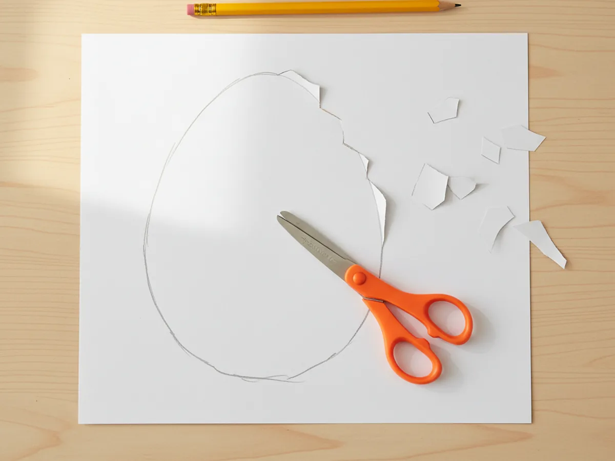 A large egg shape drawn in pencil on white cardstock being cut out with kid-safe scissors