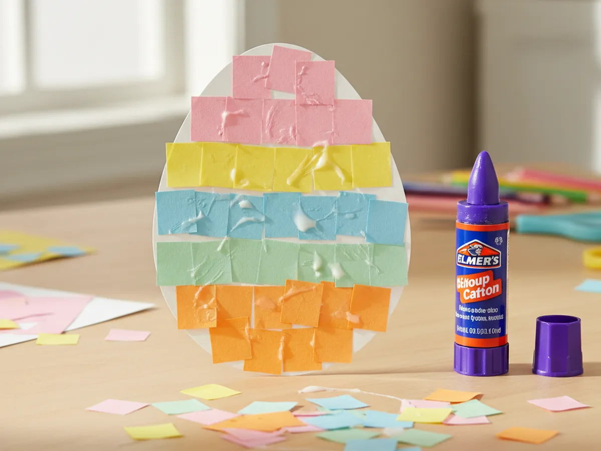 A paper craft egg fully covered with horizontal stripes of pink, yellow, blue, green, and orange paper squares