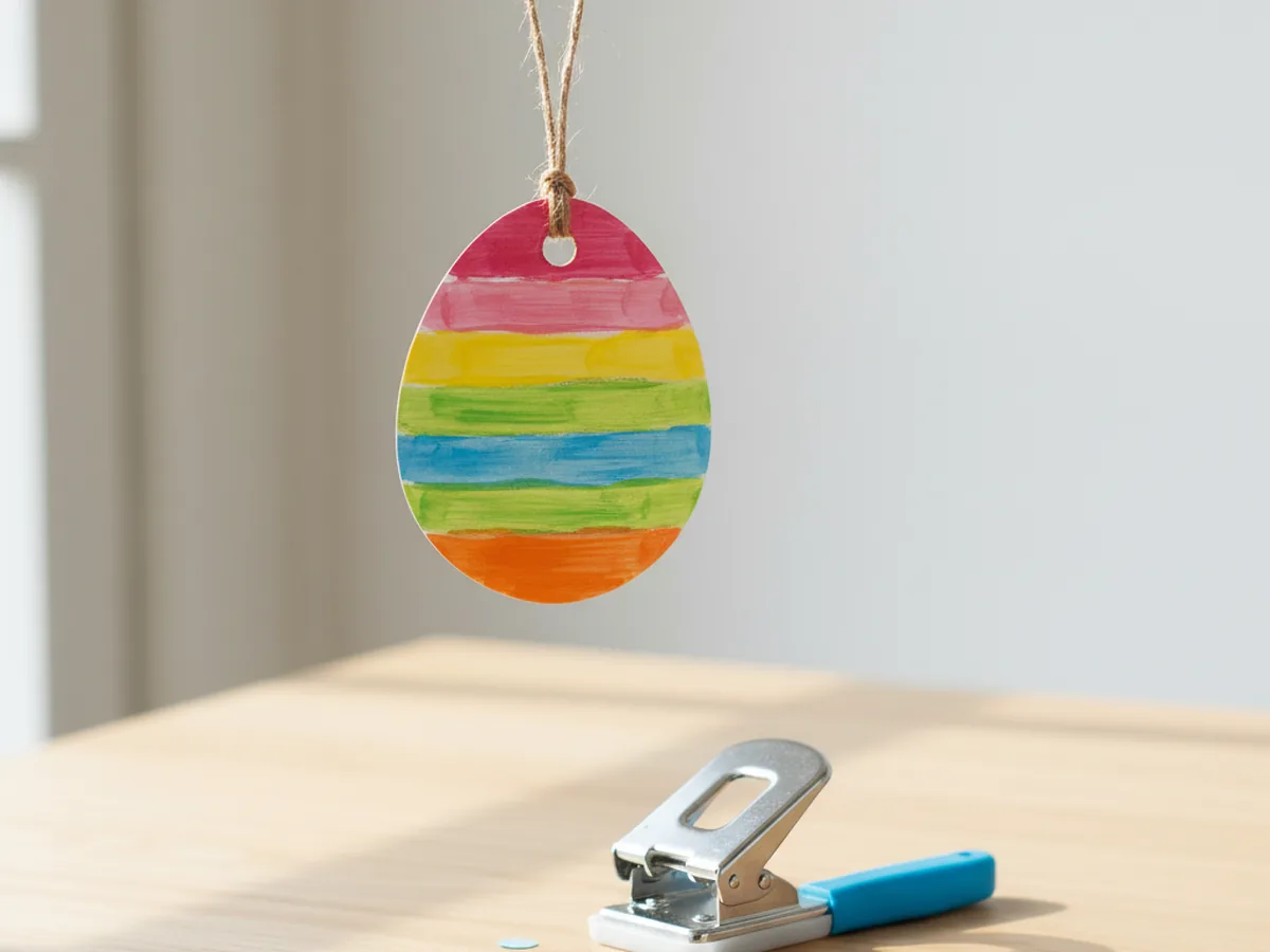 Finished paper craft egg with colorful stripes hanging from a thin twine loop against a soft white background