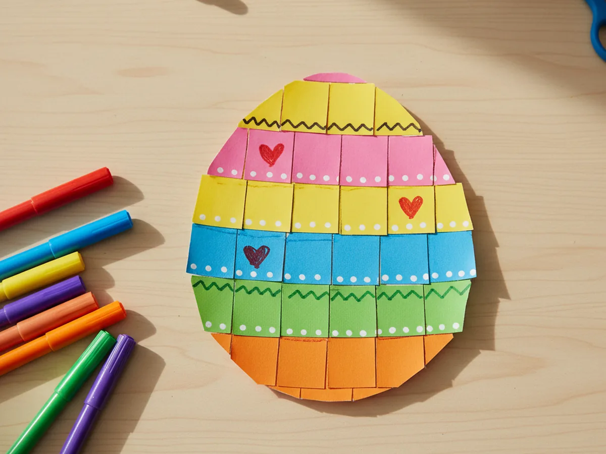 Colorful paper craft egg decorated with small marker dots, hearts, and zigzag details