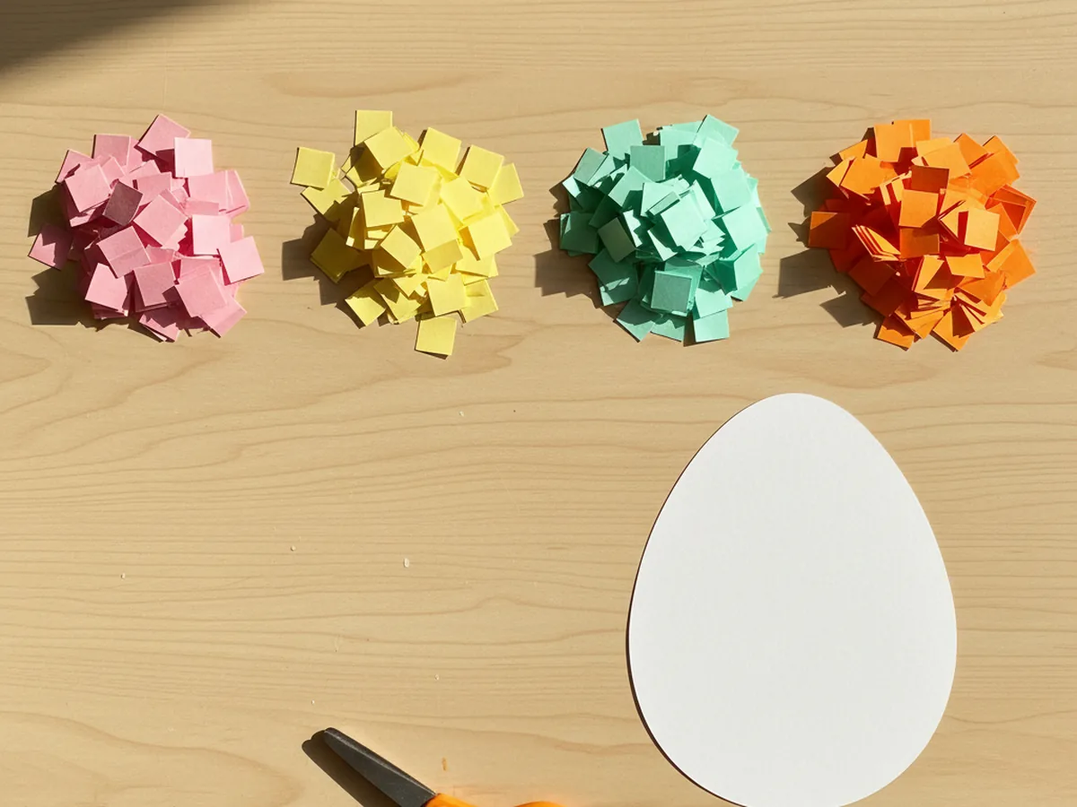 Small piles of colorful construction paper squares in pink, yellow, blue, green, and orange next to a white paper egg shape