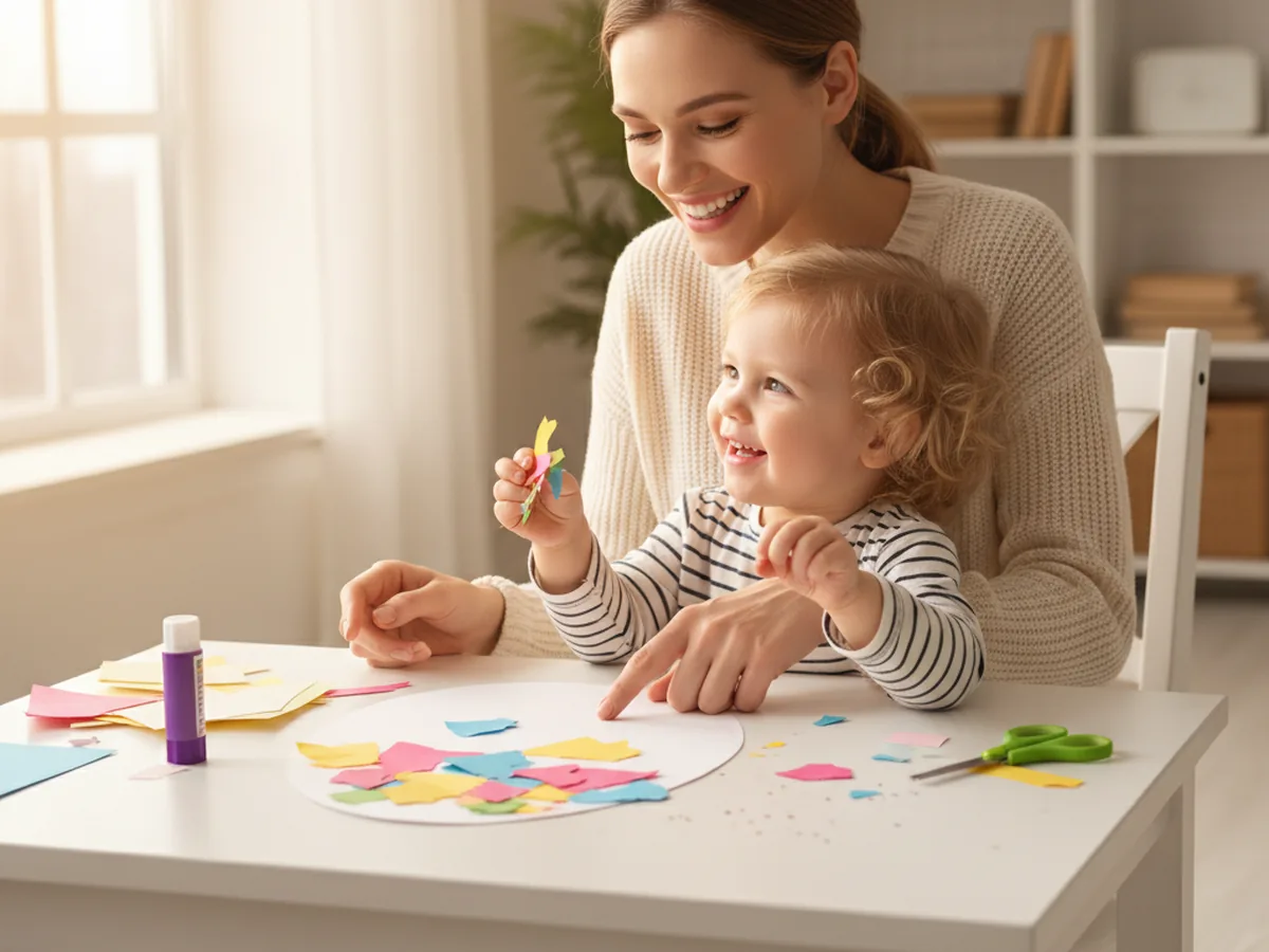 A mom and young child happily decorating a paper craft egg together at a white craft table