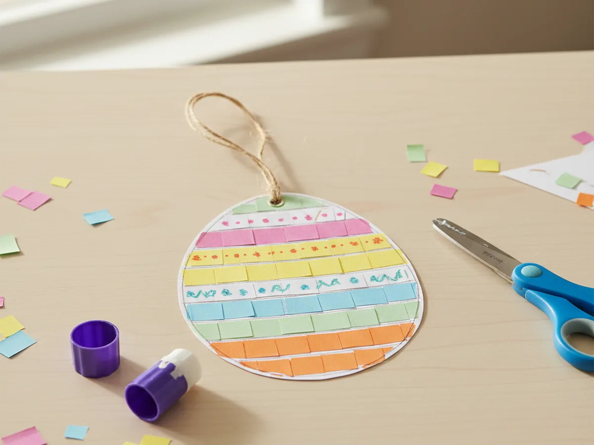 Finished colorful paper craft egg with pastel paper stripes on a white craft table