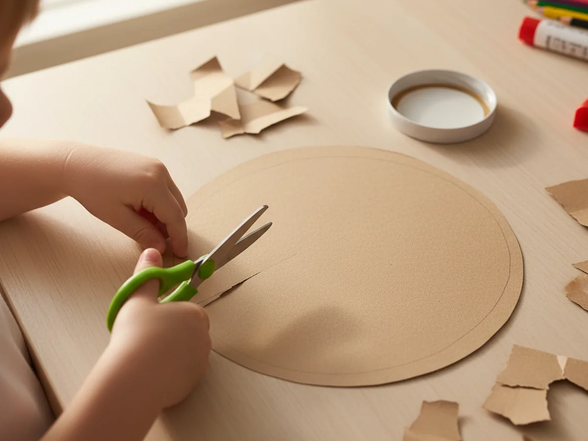 A child tracing and cutting a large brown construction paper circle for the monkey's head, with scissors and glue on a craft table
