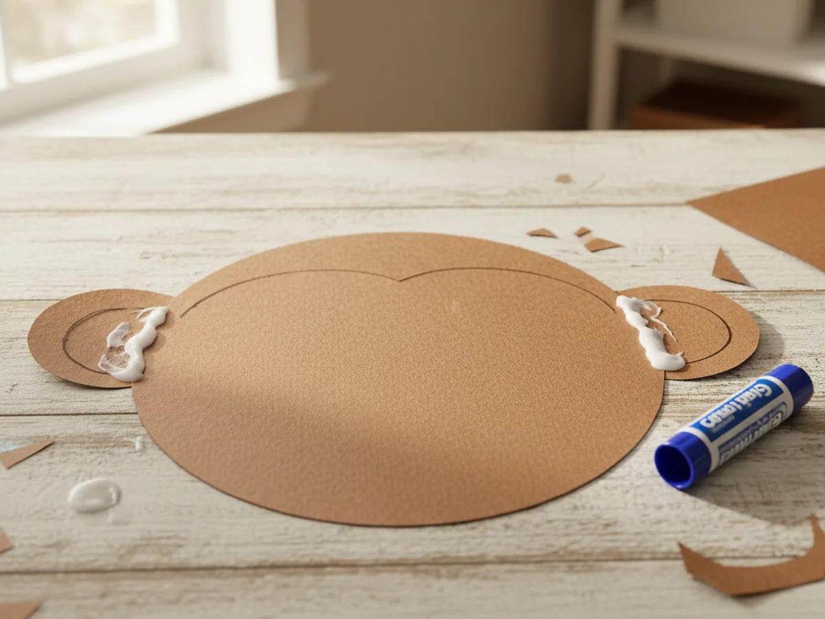 Two round brown paper ears glued to the sides of the brown monkey head circle on a light wood craft table